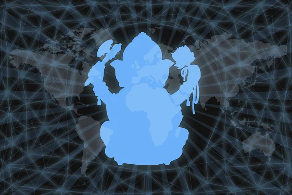 Silhouet van God Ganesha, op een zwarte achtergrond met een wereldkaart en een netwerk. Wereldgodsdienstconcept. — Stockfoto