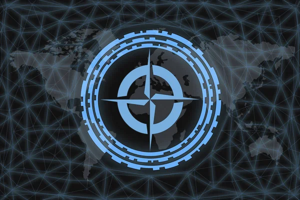 Logo de la OTAN, sobre un fondo negro con un mapa del mundo y una red. El concepto de proteger el mundo . — Foto de Stock