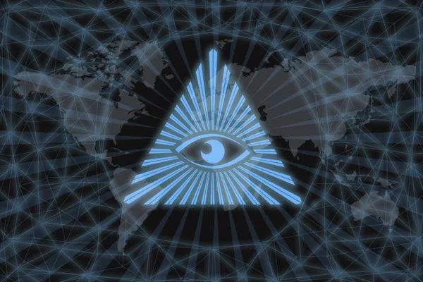 Illuminati symbol, on black background with world map and network. The concept of a world conspiracy. — ストック写真