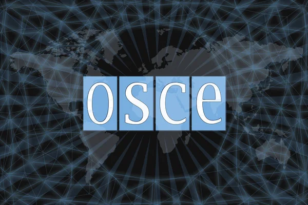 Логотип ОБСЕ, на черном фоне с картой мира и сетью. Концепция помощи миру . — стоковое фото