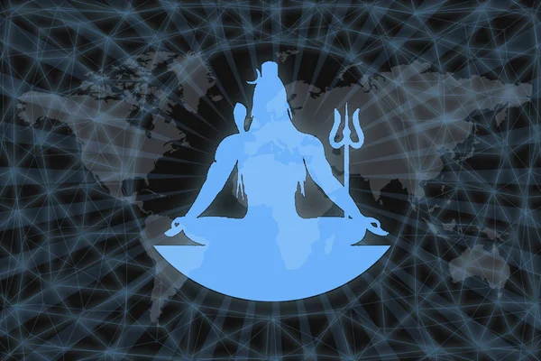 Shiva 'nın altın sikkesi, dünya haritası ve bulutlu siyah bir arka planda. Vedic geleneği Shaivism.gram, ton, koyu arkaplan üzerine yuvarlak