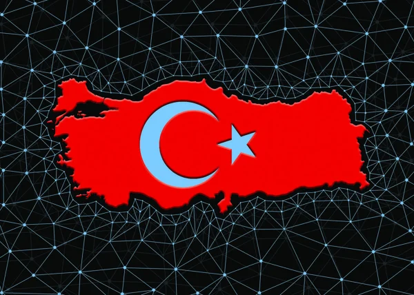 Turkey map silhouette, on black background with world map and blockchain network. Turkey Digital Currency Concept.