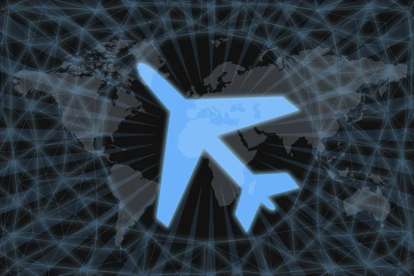 Neonfarbenes Flugzeug-Symbol mit dunklem Hintergrund und Weltkarte. Grafikkonzept für Ihr Design. — Stockfoto