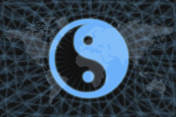 Неоновая икона Инь-Ян, с темным фоном и картой мира. Графическая концепция дизайна . — стоковое фото