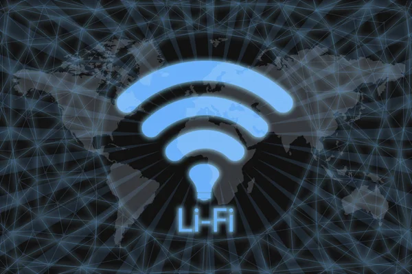 Neon Icon li-fi, With a dark background and a world map. Graphic concept for your design. — Stock Photo, Image