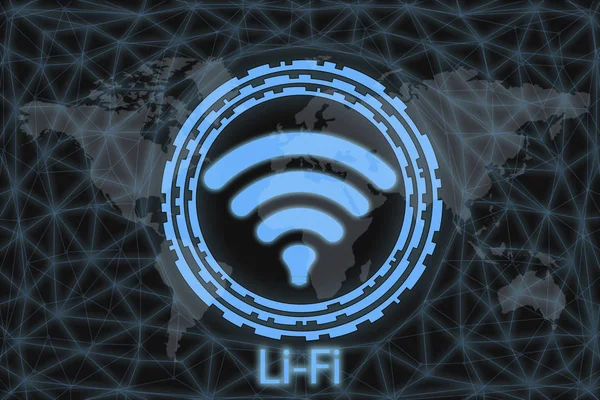 Neon Icon li-fi, With a dark background and a world map. Graphic concept for your design. — Stock Photo, Image