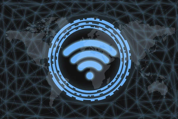 Neon wifi icon, with dark background and world map. Graphic concept for your design. — Stock Photo, Image