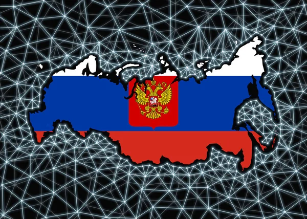 俄罗斯在黑色背景上绘制地图 用方块链网把人物形象去掉 俄罗斯数字货币的概念 — 图库照片
