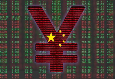 The crypto yuan sign on the background of a cryptocurrency rate scoreboard. The concept of China national cryptocurrency. clipart