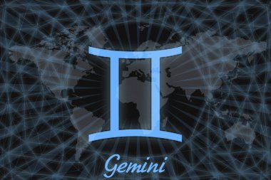 Burç burcu, Gemini. Dünyanın arka planında imzalı astrolojik bir sembol. Burçlar için kullanılabilir..