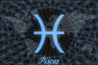 Zodiac burcu, Balık burcu. Dünyanın arka planında imzalı astrolojik bir sembol. Burçlar için kullanılabilir..