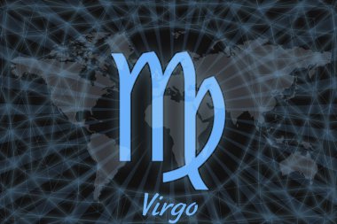 Zodiac işareti, Başak burcu. Dünyanın arka planında imzalı astrolojik bir sembol. Burçlar için kullanılabilir..