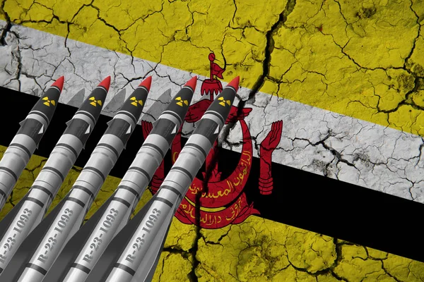ブルネイの国旗と弾道ミサイルが背景の質感についている デザインソリューションのコンセプト — ストック写真