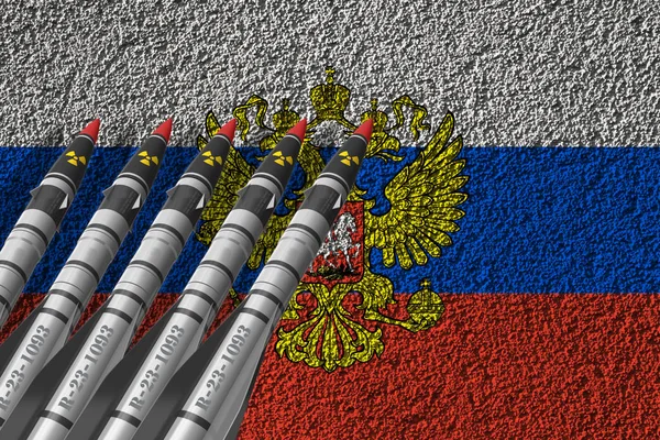 背景テクスチャ上のロシアの旗と弾道ミサイル デザインソリューションのコンセプト — ストック写真