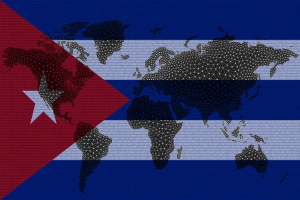 Blockchain Mapa Světa Pozadí Vlajky Kuby Trhlin Koncept Kryptoměny Kuby — Stock fotografie