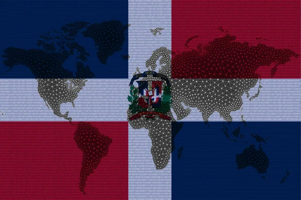 区块链世界地图的背景是多米尼克娜的旗帜和裂缝 Dominicana加密货币概念 — 图库照片