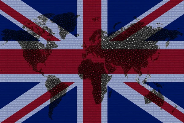 ブロックチェーンの世界地図英国の国旗と亀裂の背景にあります 英国の暗号通貨概念 — ストック写真