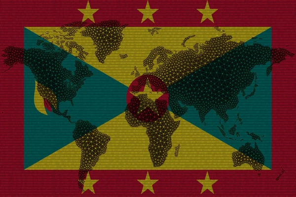 グレナダの国旗と亀裂の背景にブロックチェーンの世界地図 グレナダ暗号通貨の概念 — ストック写真