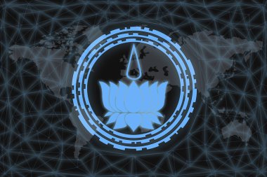 Modern tasarımla Ayyavazhi Sembolü. Karanlık bir geçmişi ve bir dünya haritası var. Tasarımınız için grafiksel konsept. gözler