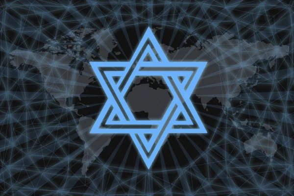 Symbol Israelisk stjärna av David med modern design. Med mörk bakgrund och världskarta. Grafiskt koncept för din design. webb — Stockfoto