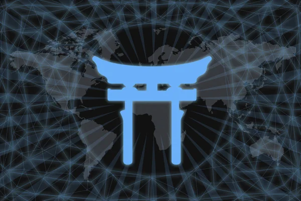 Ícone de linha de portão torii com design moderno. Com um fundo escuro e um mapa do mundo. Conceito gráfico para o seu design . — Fotografia de Stock
