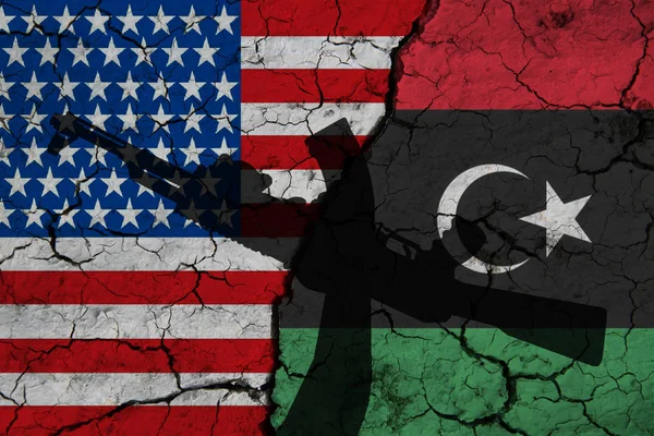 Zászló Usa Líbia Texturált Repedt Föld Sziluettje Egy Géppuska Kéz — Stock Fotó