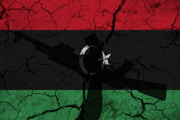 Fusil Assaut Main Sur Fond Drapeau Libyen Fissures Libye Power — Photo