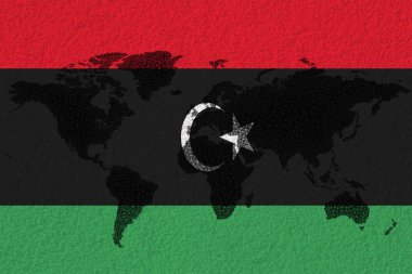 Libya bayrağı ve çatlakların arkasındaki dünya haritasını engelleyin. Libya kripto para birimi kavramı.