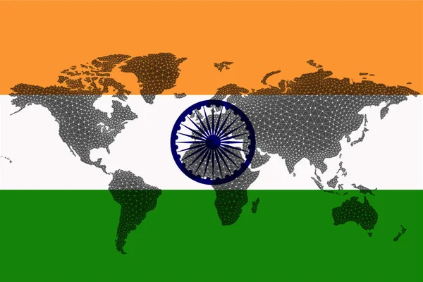 Карта Світу Блокчейн Тлі Прапора Індії Тріщин Індійська Криптовалюта — стокове фото
