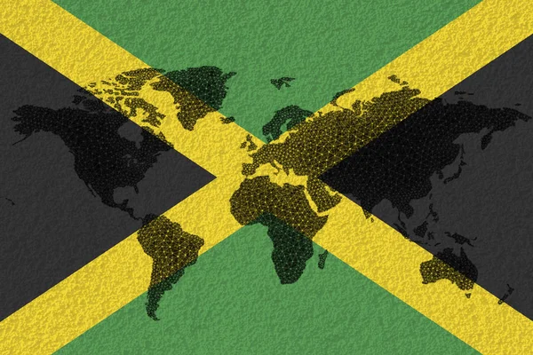 以牙买加国旗和裂缝为背景的区块链世界地图 牙买加加密货币概念 — 图库照片