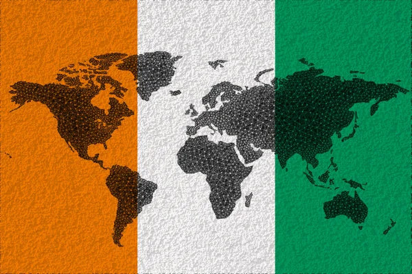 Blockchain world map on the background of the flag of Ireland and cracks. Ireland cryptocurrency concept.