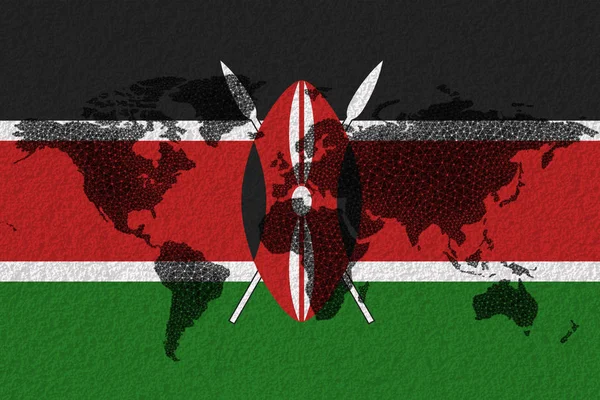 Blockchain Mappa Del Mondo Sullo Sfondo Della Bandiera Kenya Crepe — Foto Stock