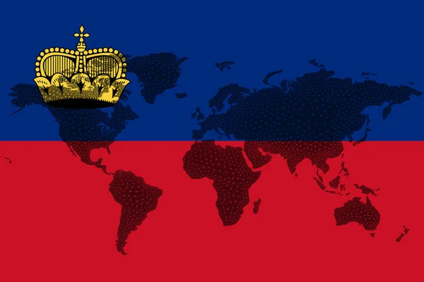 ブロックチェーンの世界地図は リヒテンシュタインの国旗と亀裂の背景にあります リヒテンシュタイン暗号通貨の概念 — ストック写真