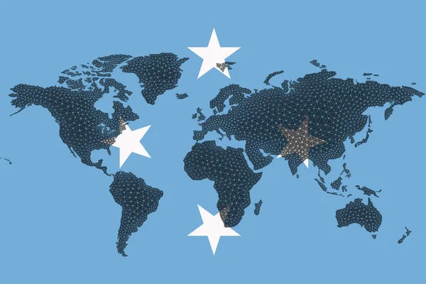 Mikronezya ve çatlaklar bayrağının arka planında engellenmiş dünya haritası. Mikronezya kripto para birimi kavramı.