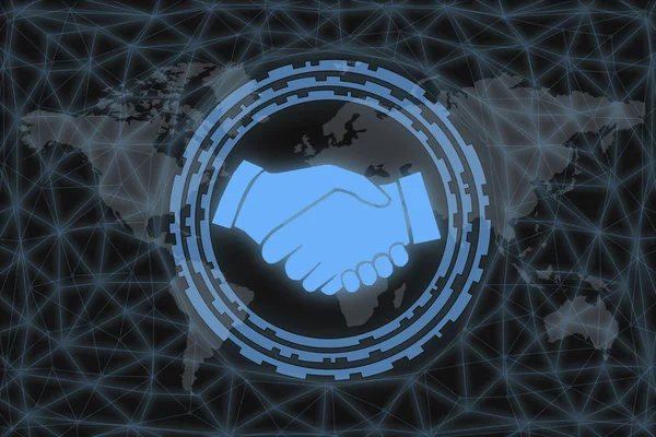 handshake icon on a dark background with world map and digital grid.