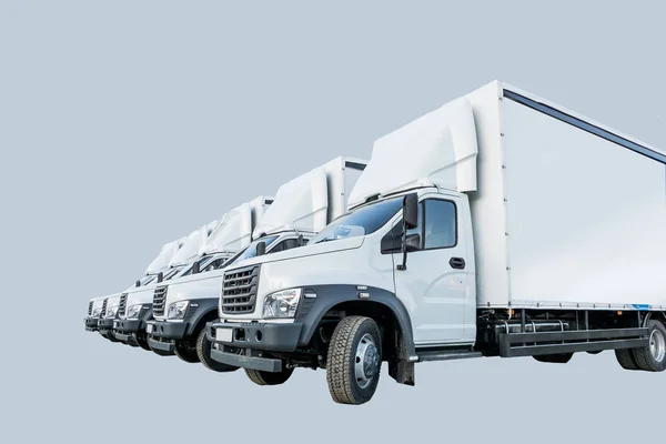 駐車場の白いトラック5台は 次の商品の配達を待っています 世界中の商品の配送のための運送会社の概念 サイドビュー — ストック写真