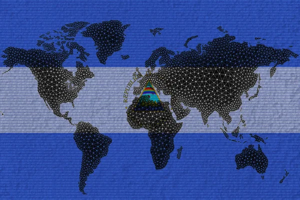 Blockchain Mapę Świata Tle Flagi Nikaragui Pęknięć Koncepcja Kryptowaluta Nikaragui — Zdjęcie stockowe