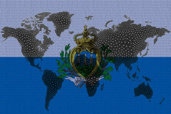 Blockchain Mapa Světa Pozadí Vlajky San Marino Trhliny Koncept Kryptoměny — Stock fotografie