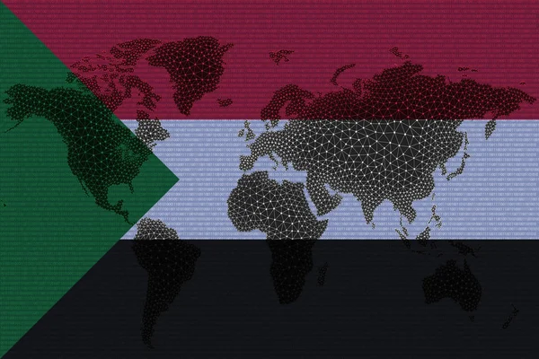 Mapa Mundial Blockchain Fundo Bandeira Sudão Rachaduras Sudão Criptomoeda Conceito — Fotografia de Stock
