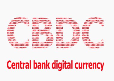 Kırmızı yazıt Cbdc, Merkez Bankası dijital para birimi beyaz zemin üzerindeki ikili koddan