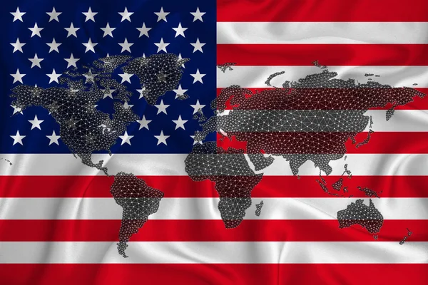 Röd Vit Och Blå Usa Flagga Vinka Vinden Närbild Världskarta — Stockfoto