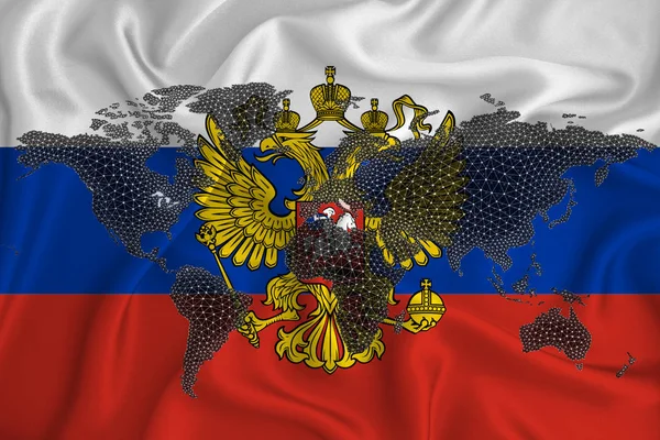 俄罗斯联邦的红色 白色和蓝色旗帜在风中飘扬 带区块网的世界地图 俄罗斯区块链概念 — 图库照片