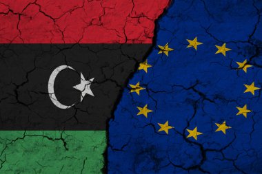 Dokulu Dünya 'da Libya ve Eu bayrağı. İki ülke arasındaki işbirliği kavramı