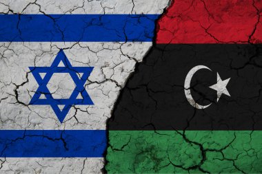Kırık Dünya 'da İsrail bayrağı ve libya. İki ülke arasındaki işbirliği kavramı