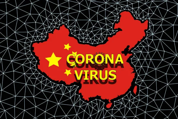 Chińska mapa z napisem coronovirus i czarne tło z siecią rozprzestrzeniania wirusa. Koncepcja rozprzestrzeniania się wirusa z Chin. — Zdjęcie stockowe