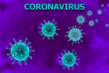 Violet 'in arka planında Coronavirus virüsü virüsü bulunan yazıt. Koronavirüsün yayılma konsepti.