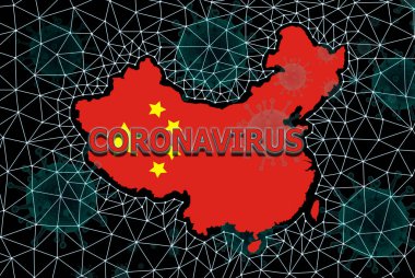 Koronovirüs virüslü Çin haritası ve yazıt koronavirüsü ve virüsün yayıldığı siyah arkaplan. Virüsün Çin 'den yayılması konsepti.