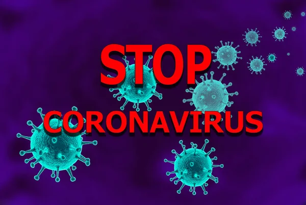 Inskriptionen stoppa coronavirus, med coronovirus virus på Violet suddiga virus bakgrund. Begreppet spridning av coronavirus. — Stockfoto