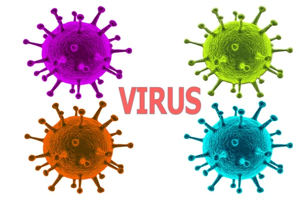 Four multi-colored viruses on a white background and the inscription "virus" — 스톡 사진