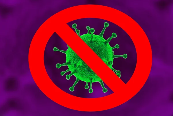 Light poster with a large green virus crossed out on an abstract feuolet background